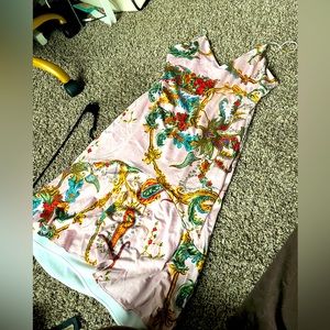 Pink patterned strapless v neck dress
